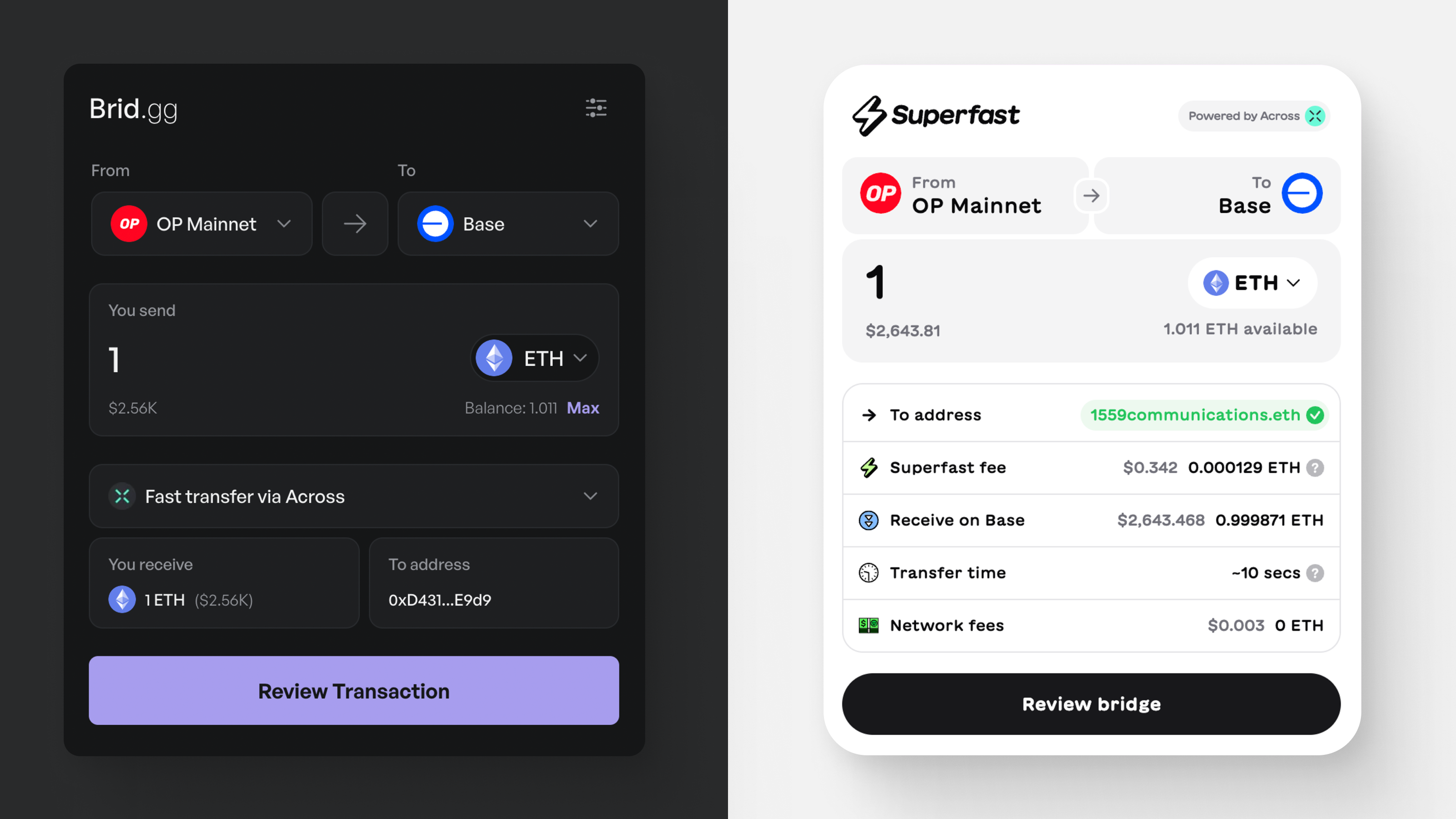 Brid.gg and Superbridge users can now use Across’ intents-based bridging solution to make high-speed transfers across the Superchain (Source: Brid.gg, Superbridge)